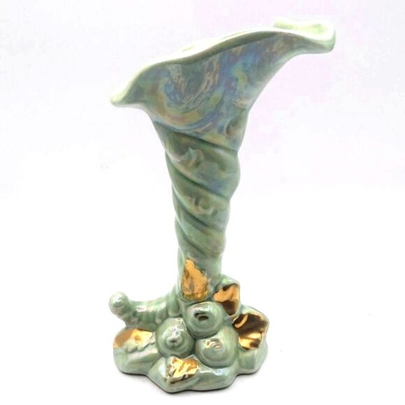 Vintage Warranted 22K Gold Accent Ceramic Cornucopia Green Iridescent Vase Decor - Picture 3 of 7